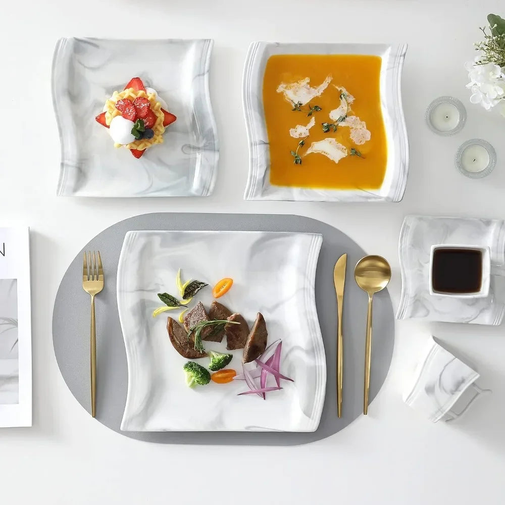 56 Piece Porcelain Plate and Bowl Set, 12 Piece Set, Square Tableware, Bowl, Serving Plate, Cup, Marble Tableware Set