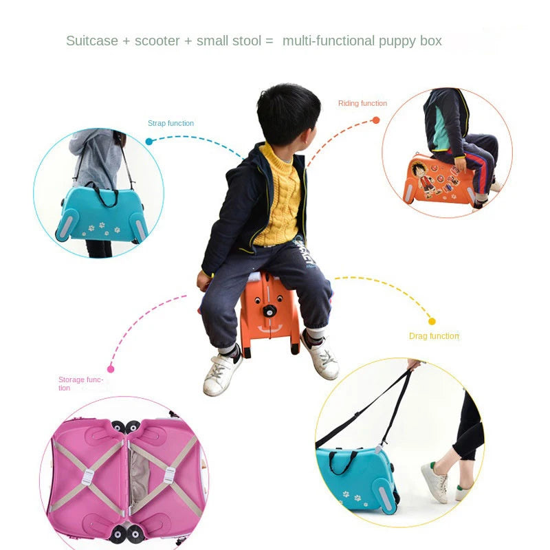 Children's Suitcase on Wheels Can Sit and Ride Cute Cartoon Small Rolling Luggage Toy Suitcase for Kids Outdoors Travel Bag