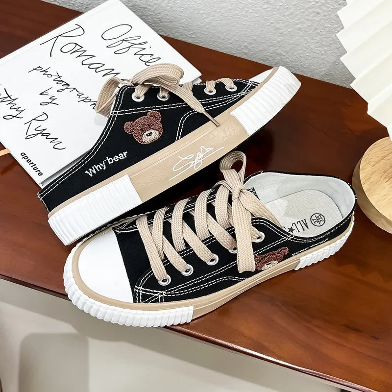 Women Cute Bear Canvas Shoes New Flat Casual All-match Half Slippers USA Version Trend Lace Up Ladies Vulcanized Shoes 2024
