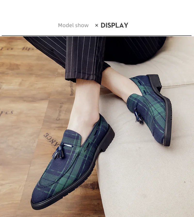 Our 2025 New Loafers Men Shoes Canvas Green Plaid Fashion Business Casual Wedding Party Classic Fringe Retro Gentleman Dress Shoes