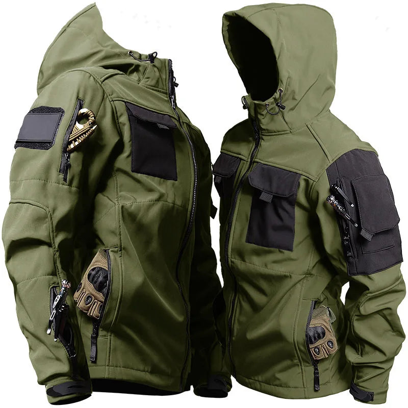 New 2024 Outdoor Tactical Set Men Military Multi-pocket Hooded Work Jacket+Windproof  Waterproof Fleece Cargo Pants Winter Sharkskin Suit
