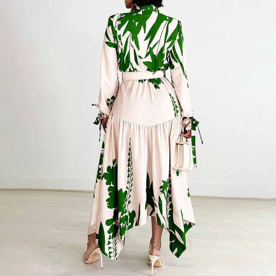 Brand New collections 2024-2025 Elegant Shirts Dresses for Women Printed Turn Down Collar Full Sleeve Belt Waisted Asymmetric Fashion Ladies Birthday Vestidos
