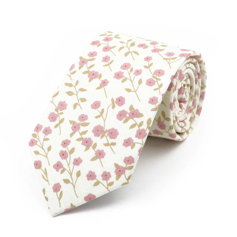 New Chic Floral Tie For Men 2025 100% Cotton Beautiful Elegant Flower Necktie White Blue Narrow Skinny Wedding Casual Cravat