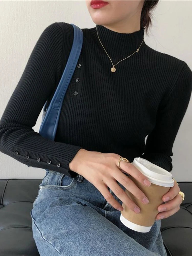 Women Knitted Sweater Long Sleeve Button Turtleneck Slim Pullovers for Autumn Winter 2024 Female Sweaters Soft Warm Bottoming Tops