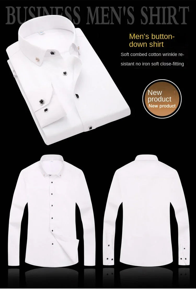 Summer Business Slim Fit White Shirt for Men - British Casual Tooling Style with Three Buttons Men's Long Sleeve Shirts