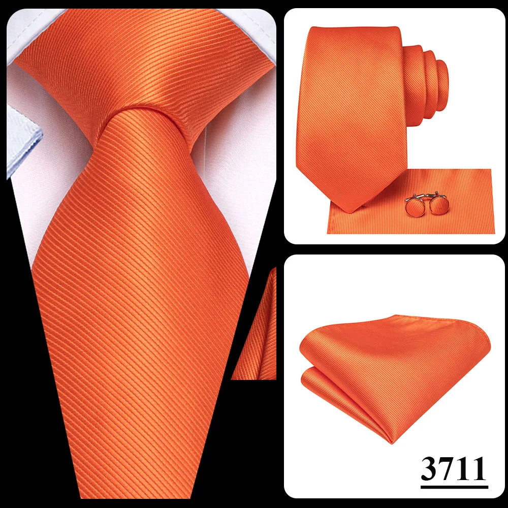 Hi-Tie Solid Green Orange Mens Fashion Necktie Handkerchief Cufflinks for Tuxedo Accessory Classic Silk Luxury Tie for Man Gift