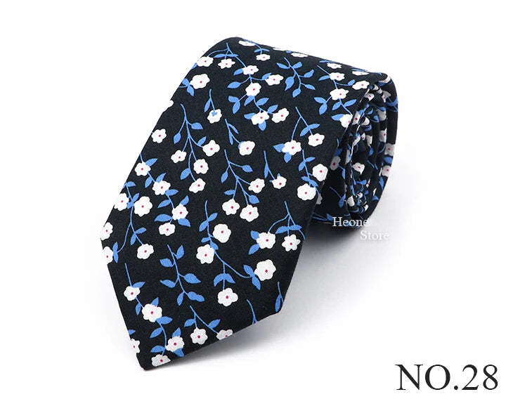 New Chic Floral Tie For Men 2025 100% Cotton Beautiful Elegant Flower Necktie White Blue Narrow Skinny Wedding Casual Cravat