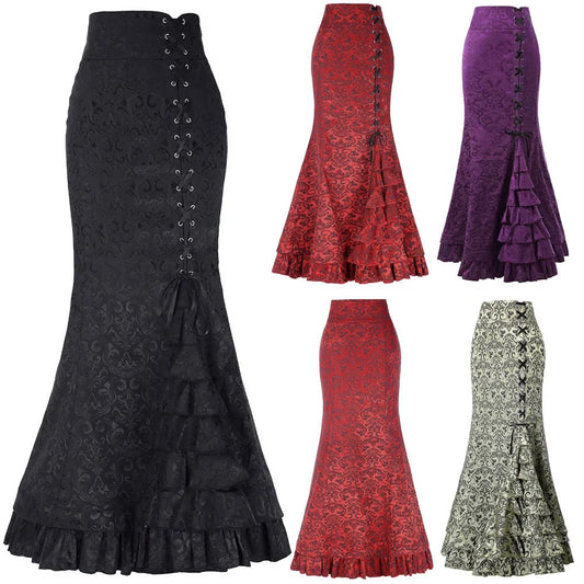 Skirt Bodycon Ruffle Women Punk Style Jacquard Skirt Fashion Victorian Steampunk Long Bodycon Ruffle