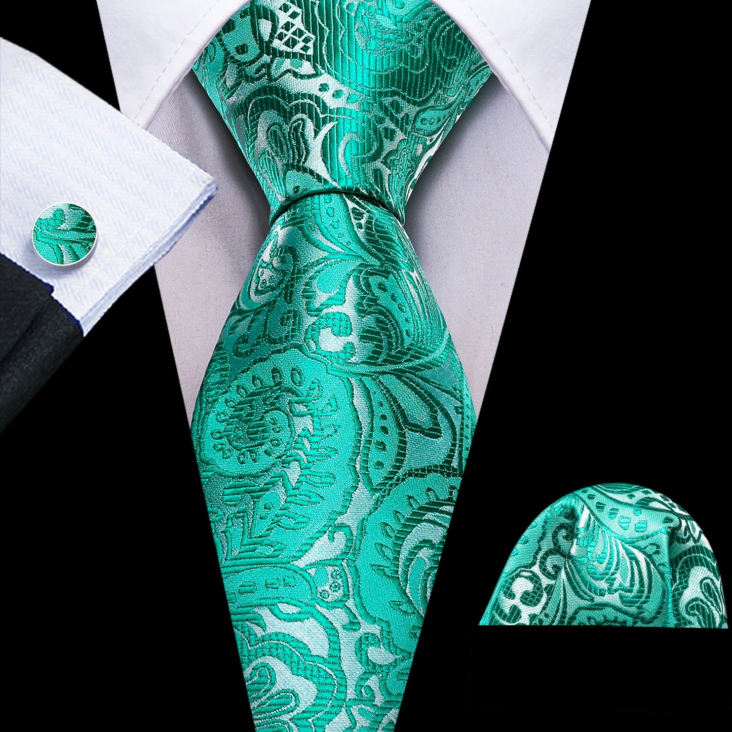 Fashion Silk Men Tie Green Teal Blue Solid Paisley Striped Plaid Floral Animal Necktie Handkerchief Cufflinks Set Barry. For Wedding