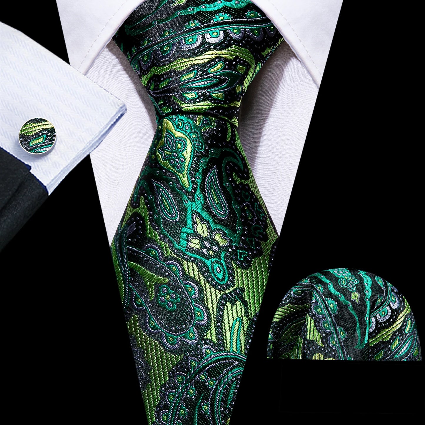 Fashion Silk Men Tie Green Teal Blue Solid Paisley Striped Plaid Floral Animal Necktie Handkerchief Cufflinks Set Barry. For Wedding