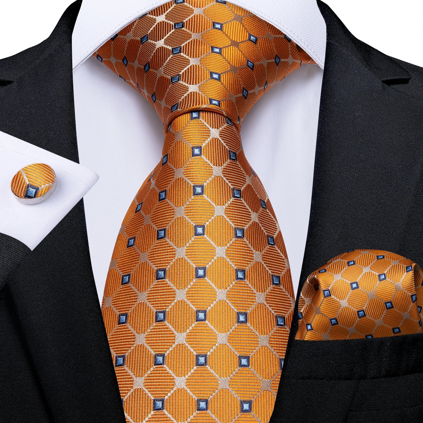 Brand New 2025 Mens Tie 100% Silk Classic Jacquard Woven 8cm Gold Yellow Formal Business Wedding Neck Tie Pocket Square Set Suit Cravat
