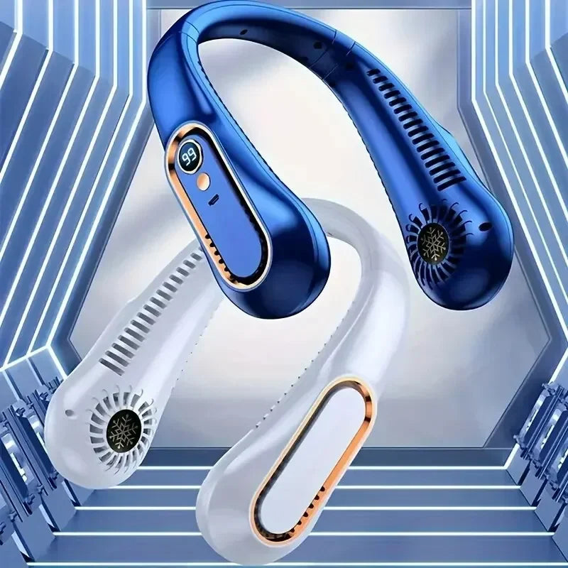 New 2024 Neck Bladeless Fan Mini Ultra Long Life Portable Lazy Silent Fan Usb Charging Student Sports Office Digital Display Power 5 Gear
