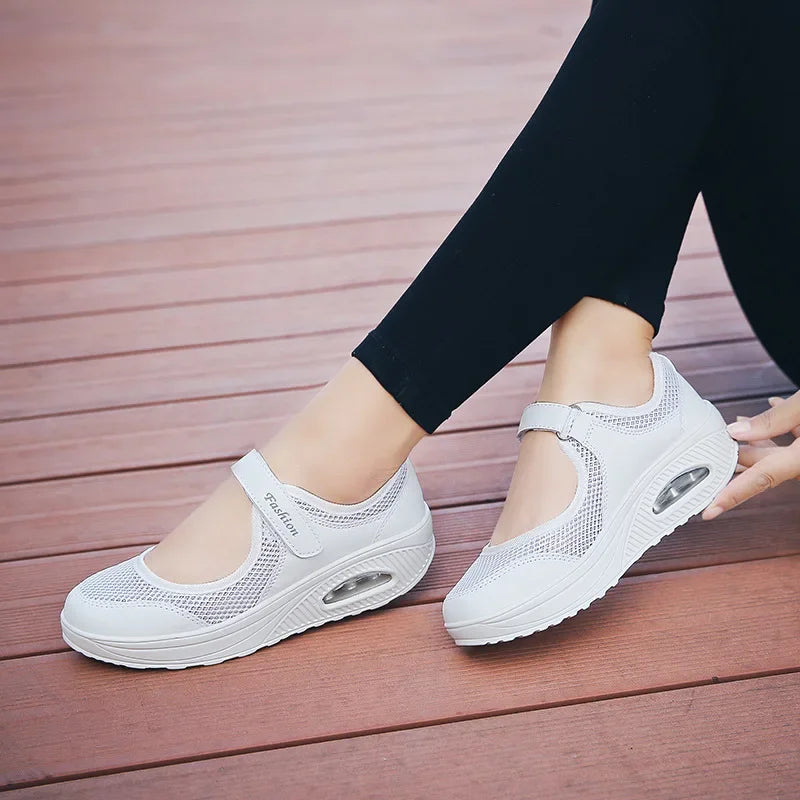 Women Tennis Shoes New Hook Loop Air Cushion Shoe Non-slip Sole Breathable Female Casual Increase Footwear Outdoor Walk Sneakers