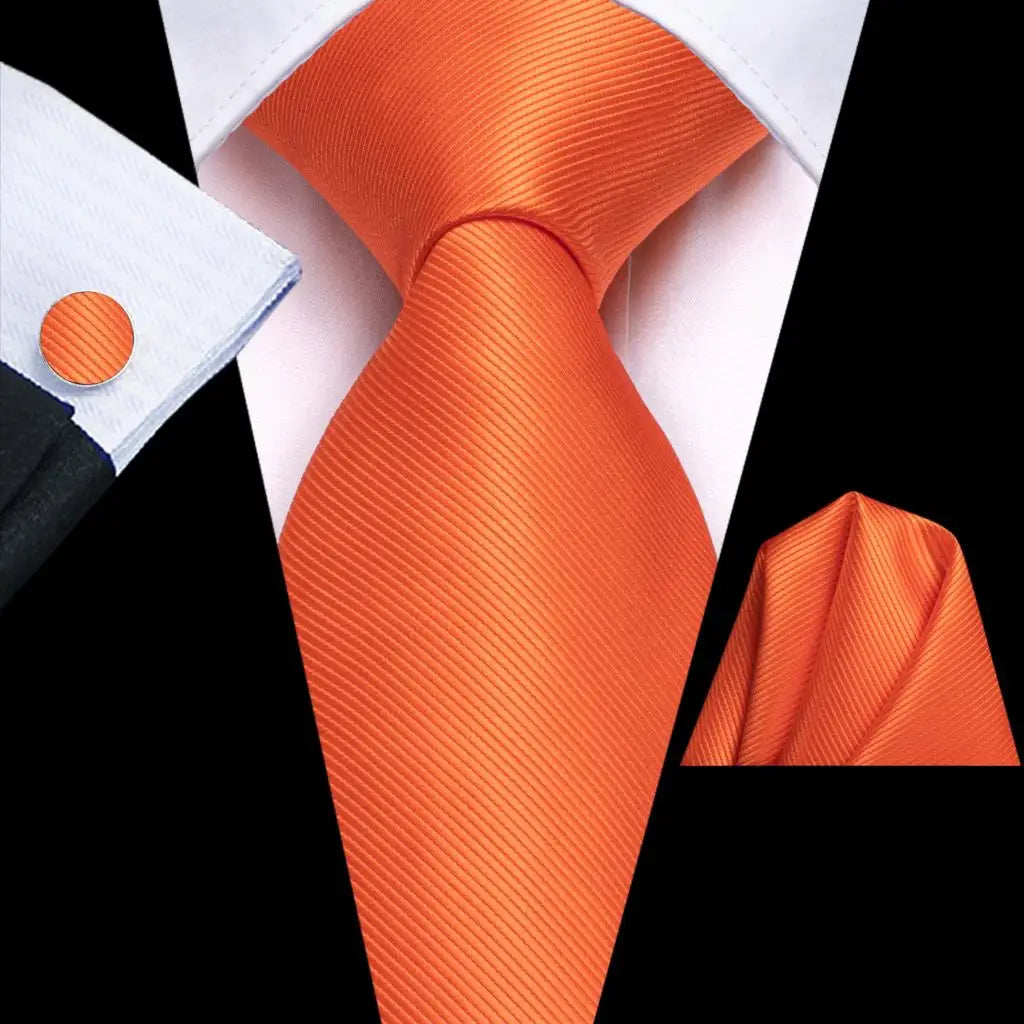 Hi-Tie Solid Green Orange Mens Fashion Necktie Handkerchief Cufflinks for Tuxedo Accessory Classic Silk Luxury Tie for Man Gift