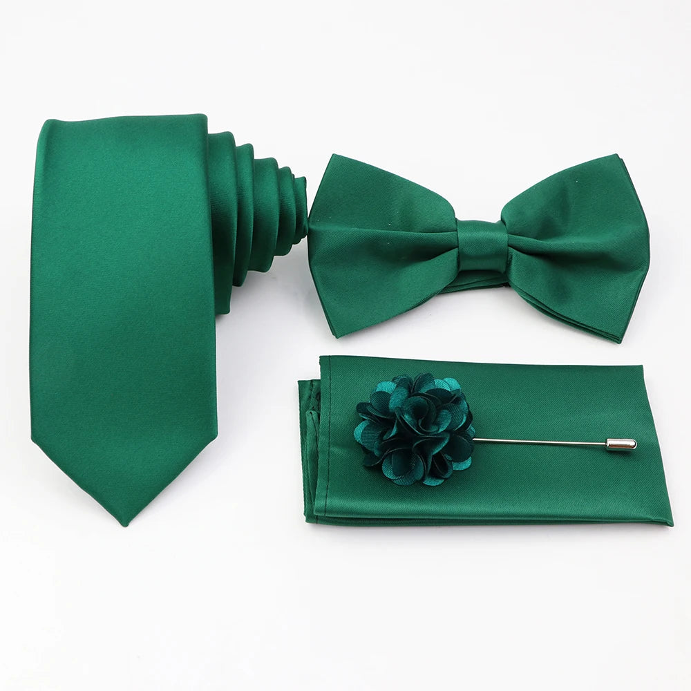 Hot Sale Pink Purple Sage Green Tie Set Polyester Necktie Bowtie Cufflink Brooch For Groom Suit Wedding Cravat Shirt Accessory