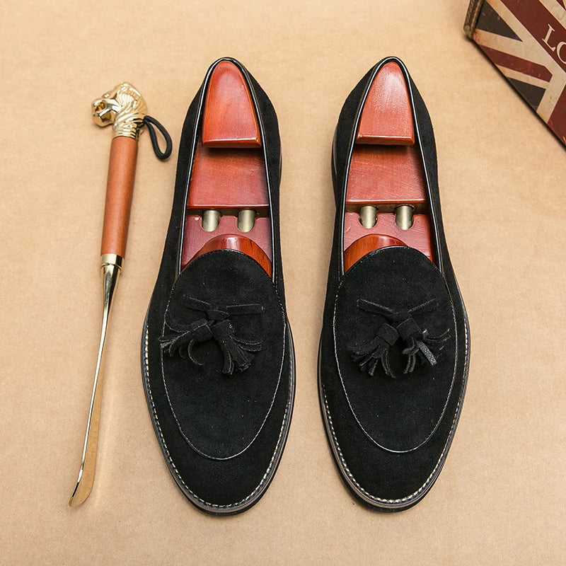 Italian Luxury Brand Suede Men's Tassel Design Loafers Slip-on Handmade High Quality Nubuck Leather Shoes Pointed Toe Thick Sole