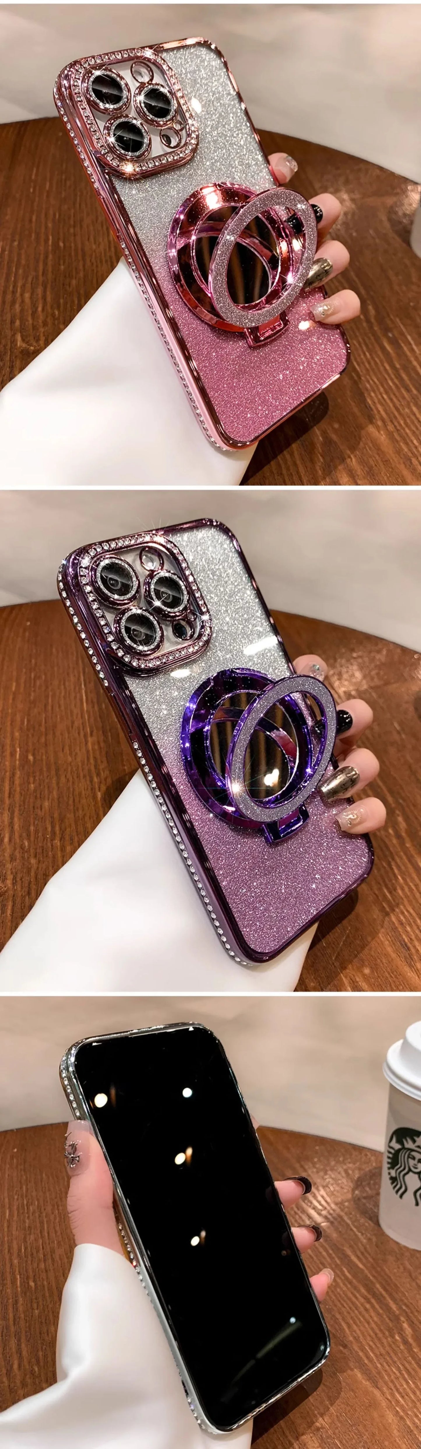 Luxury Diamond Clear Glitter Magsafe Case For iPhone 15 14 13 12 11 Pro Max 15Plus Mirror Magnetic Phone Holder Stand Soft Cover