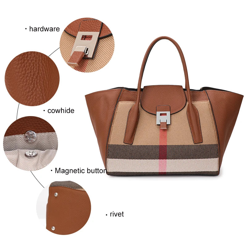 New 2024-2025 Checkered women's handbag 2024 fashionable canvas genuine leather bag large capacity multifunctional cowhide wing bag