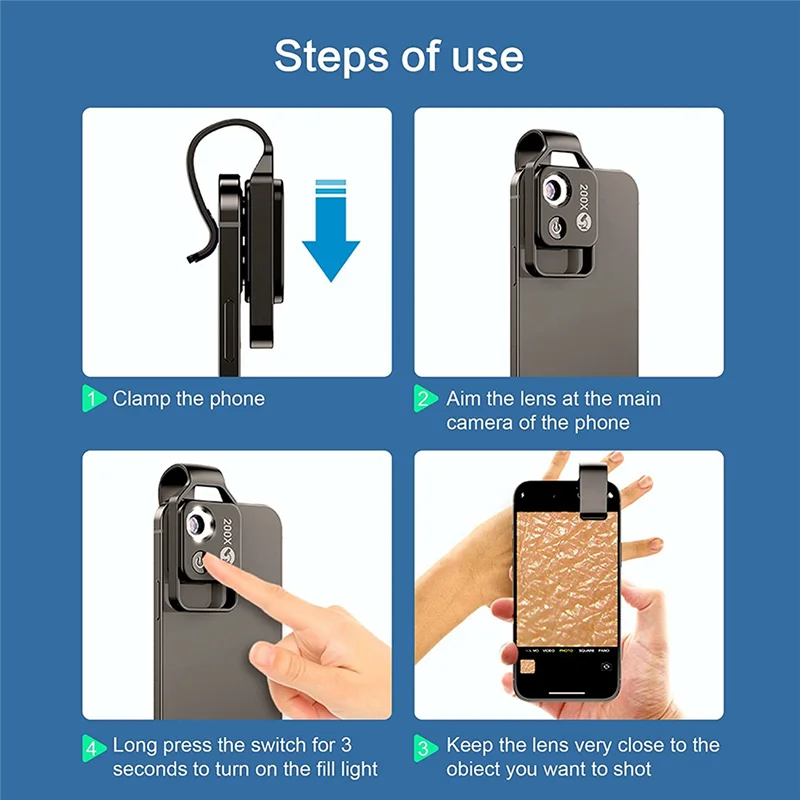200X Cell Phone Microscope Accessory with CPL Lens Portable Mini Digital Microscope with LED Light/Universal Clip