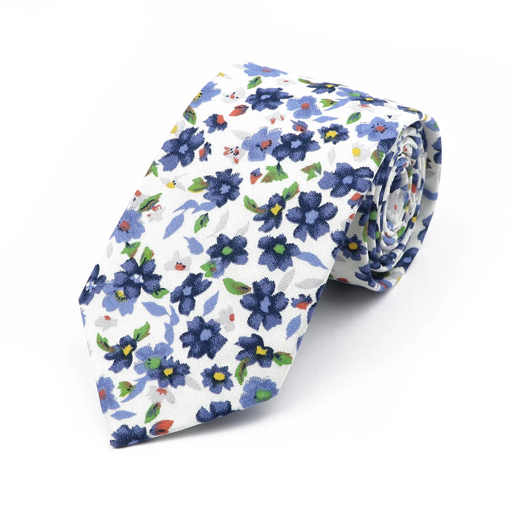 New Chic Floral Tie For Men 2025 100% Cotton Beautiful Elegant Flower Necktie White Blue Narrow Skinny Wedding Casual Cravat