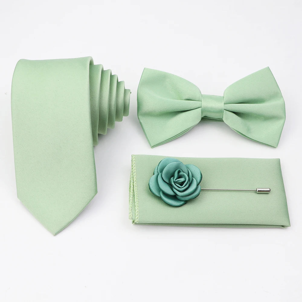 Hot Sale Pink Purple Sage Green Tie Set Polyester Necktie Bowtie Cufflink Brooch For Groom Suit Wedding Cravat Shirt Accessory