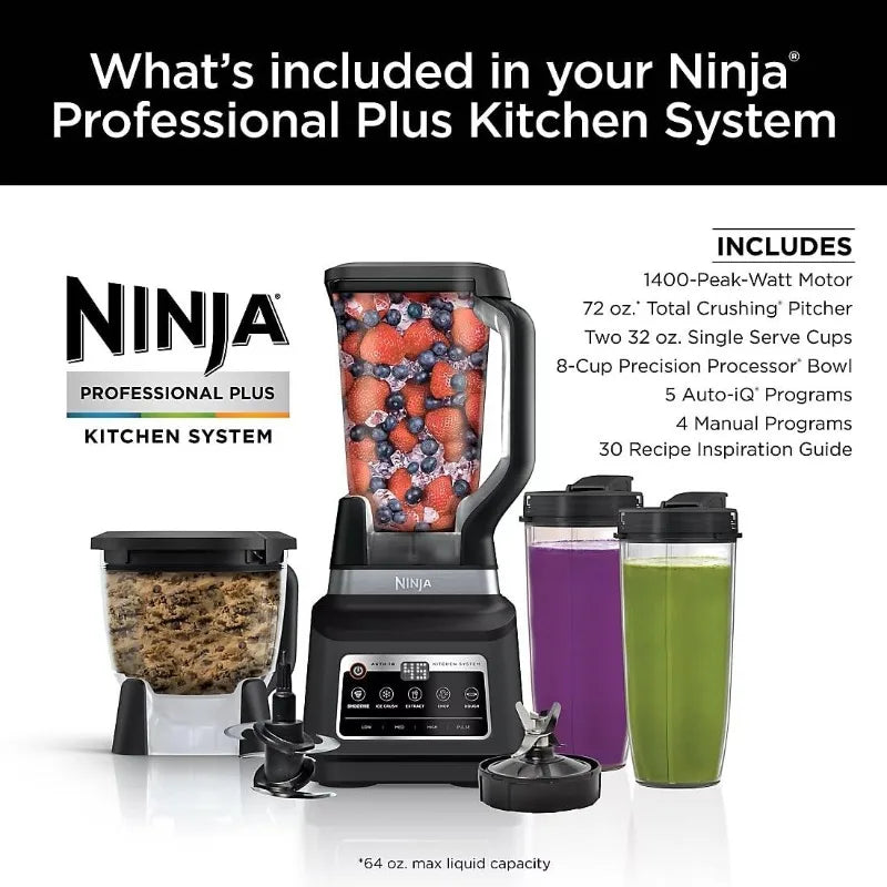 Ninja BN805A Pro Plus 5-in-1 Kitchen System, 1400W, Auto IQ, 72oz Blender Pitcher, 64oz Processor Bowl, 2x32oz Cups, Black
