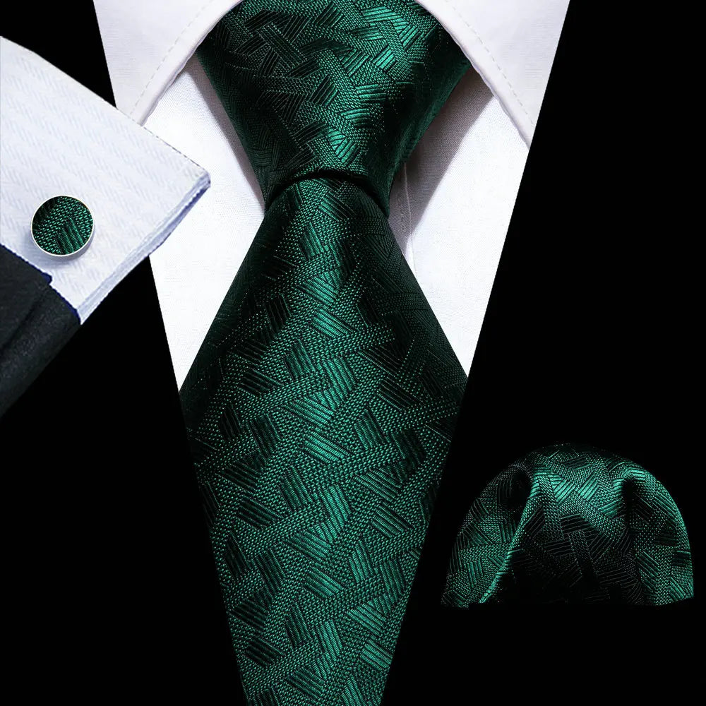 Dark Green Silk Solid Men Ties With Pocket Square Cufflinks Set Elegant Woven High Quality Suit Necktie Wedding