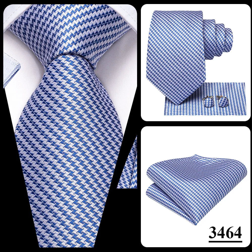 Brand New 2025 Hi-Tie Light Blue Striped Business Mens Tie 8.5cm Jacquard Necktie Accessorie Daily Wear Cravat Wedding Party Hanky Cufflink Set