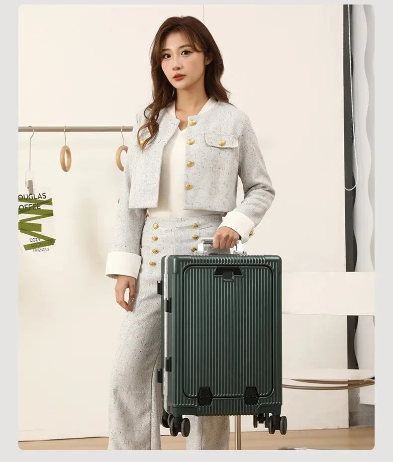 Suitcase Front Opening Pocket Aluminum Alloy Frame Rolling Luggage with USB Charging Plug Trolley Carry-on Case Bag with Wheel