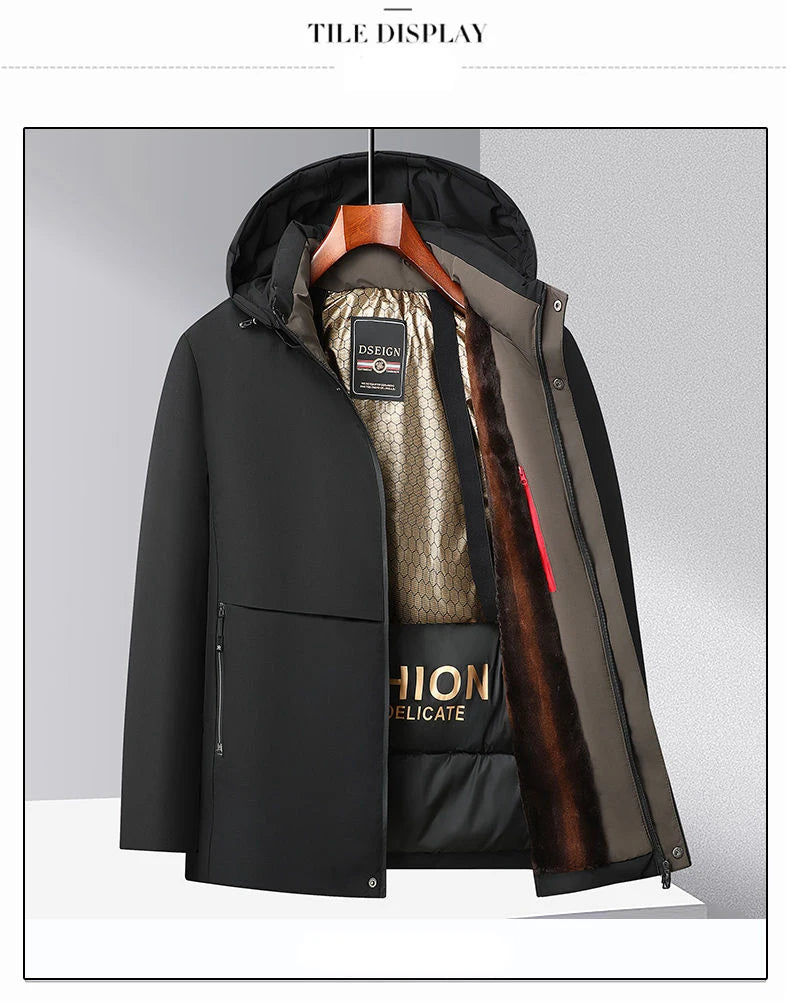 Men Winter  2025-2026 Thick Warm Parka Coat Fleece Inside Male Solid Color Hooded Thick Jacket  Men's Middle Long Coat Size