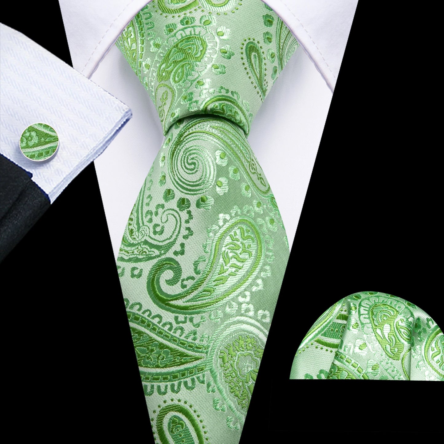 Fashion Silk Men Tie Green Teal Blue Solid Paisley Striped Plaid Floral Animal Necktie Handkerchief Cufflinks Set Barry. For Wedding