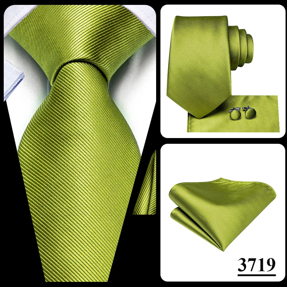 Hi-Tie Solid Green Orange Mens Fashion Necktie Handkerchief Cufflinks for Tuxedo Accessory Classic Silk Luxury Tie for Man Gift