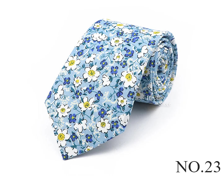 New Chic Floral Tie For Men 2025 100% Cotton Beautiful Elegant Flower Necktie White Blue Narrow Skinny Wedding Casual Cravat