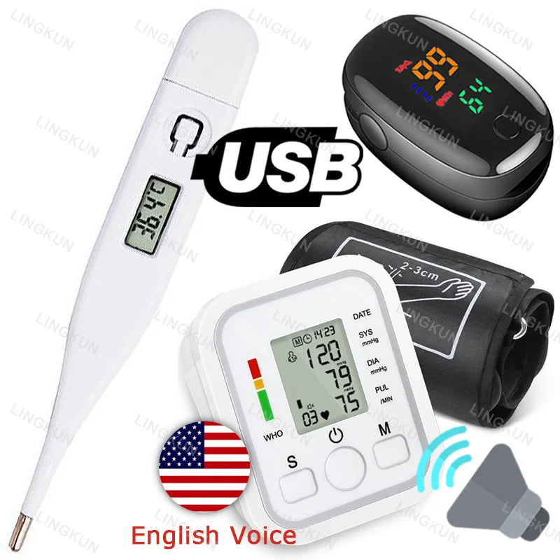 English Voice Digital Arm Blood Pressure Cuff Sensor Monitor BP Automatic Pressure Tonometer Tensiometer Heart Rate Pulse Meter