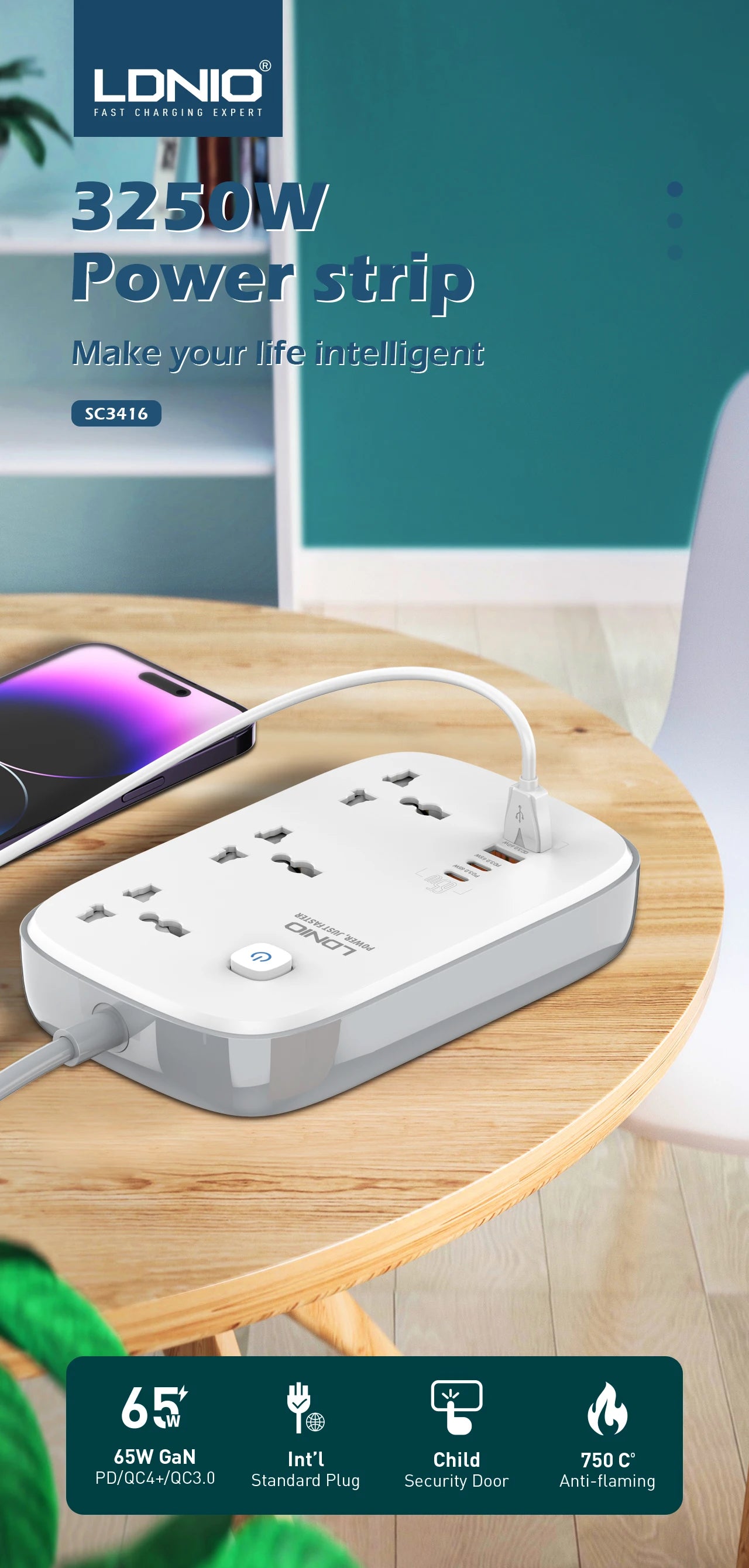 LDNIO Universal Power Strip with 65W GaN USB Charer 3250W Extension Cable Network Filter Surge Protector  EU/US/UK Plug Socket