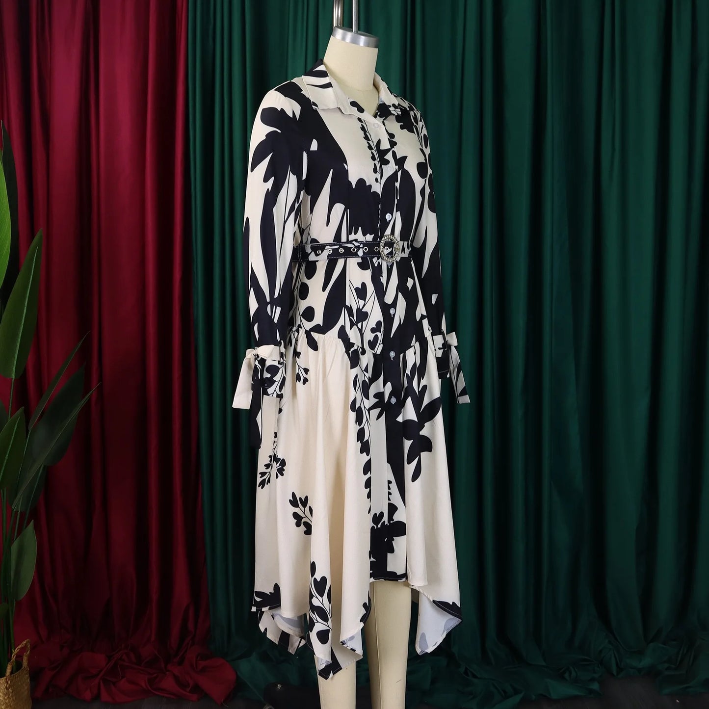Brand New collections 2024-2025 Elegant Shirts Dresses for Women Printed Turn Down Collar Full Sleeve Belt Waisted Asymmetric Fashion Ladies Birthday Vestidos
