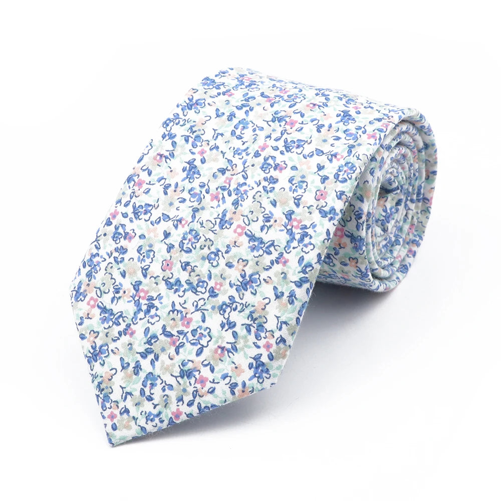 New Chic Floral Tie For Men 2025 100% Cotton Beautiful Elegant Flower Necktie White Blue Narrow Skinny Wedding Casual Cravat