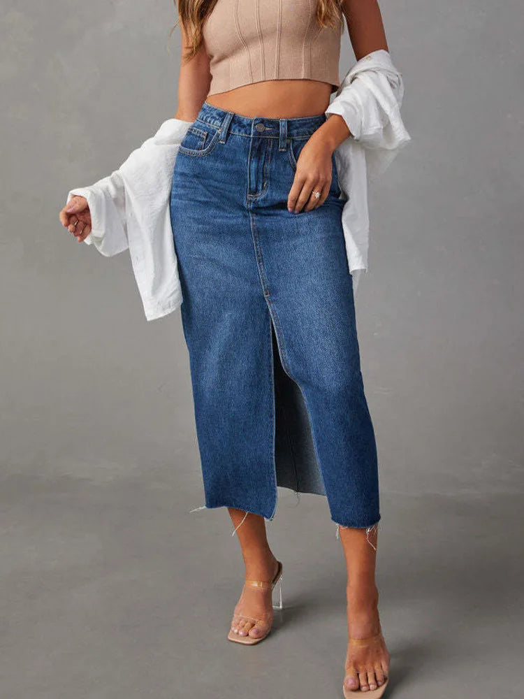 New In 2024 Women's Denim Skirt Spring Summer Korean Fashion High Waisted Streetwear Jean Skirt Female A-Line Midi Skirt