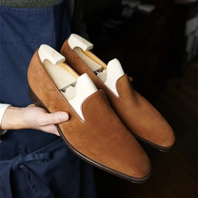 New 2024-2025 Red Sole Loafers Black Wedding Shoes for Men Yellow Flock Round Toe Slip-On Men's Business Dress Shoes Size 38-46