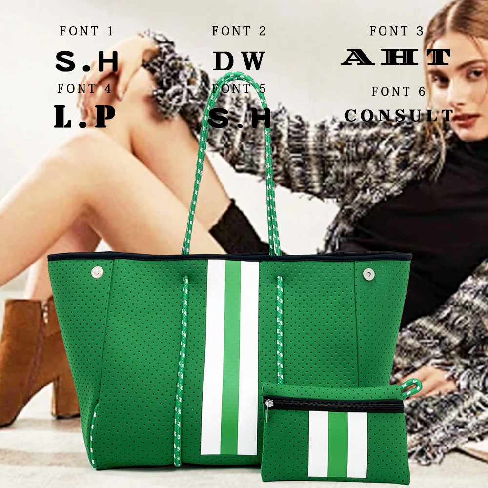 Personalized Custom Women's Handbag Printed Handbag Beach Bag Leisure Travel Tote Bag Diving Material Solid Color With Stripes