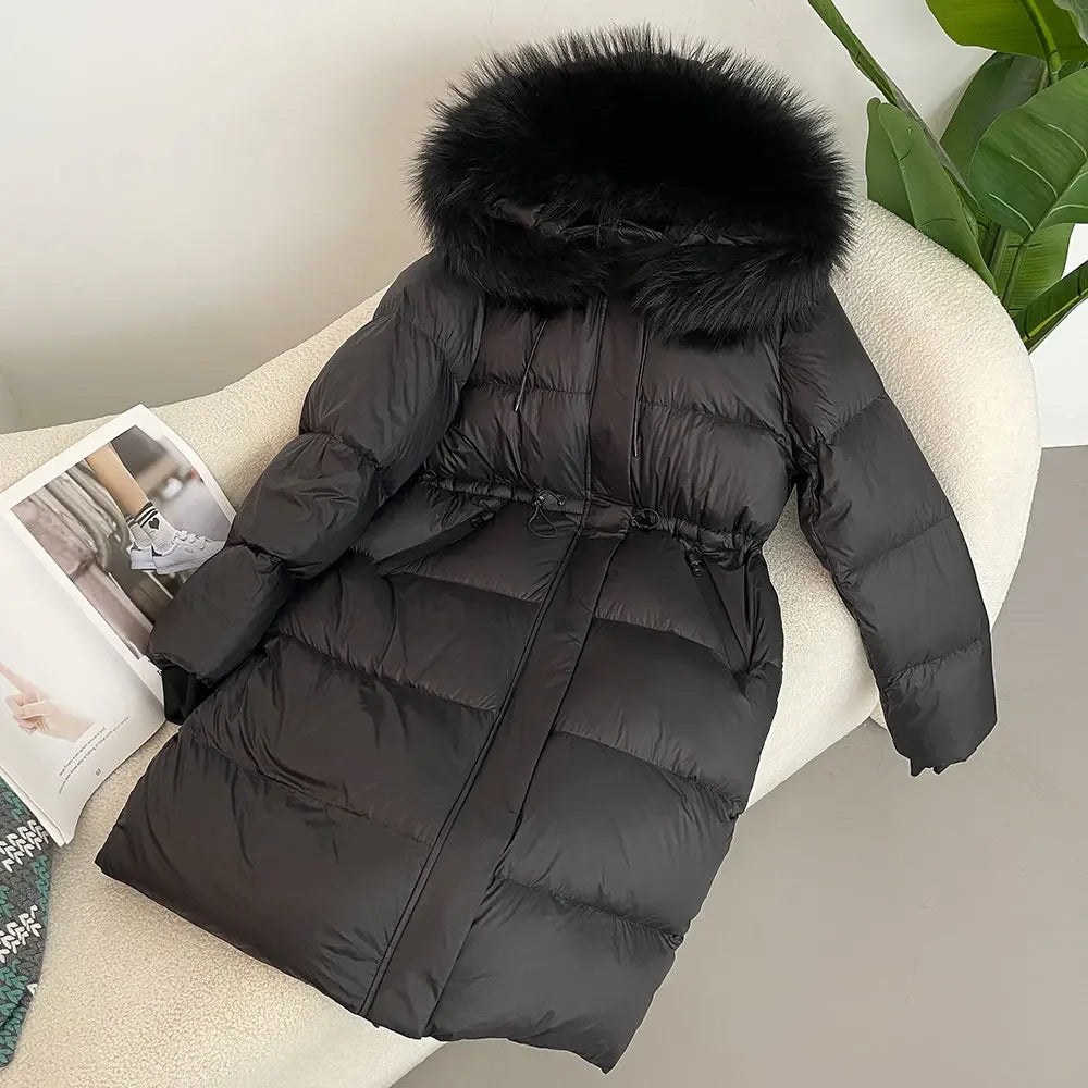 2024 - 2025 Winter New White Duck Down Real Fox Fur Real Raccoon Fur Long Hooded Coat Women Slim Warm Jacket Female Casual Fashion