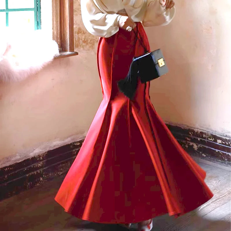 2024 USA Fashion XS S Sexy High Waist Wrapped Hip Long Skirts Womens Autumn and winter Red Retro Slim fishtail skirt