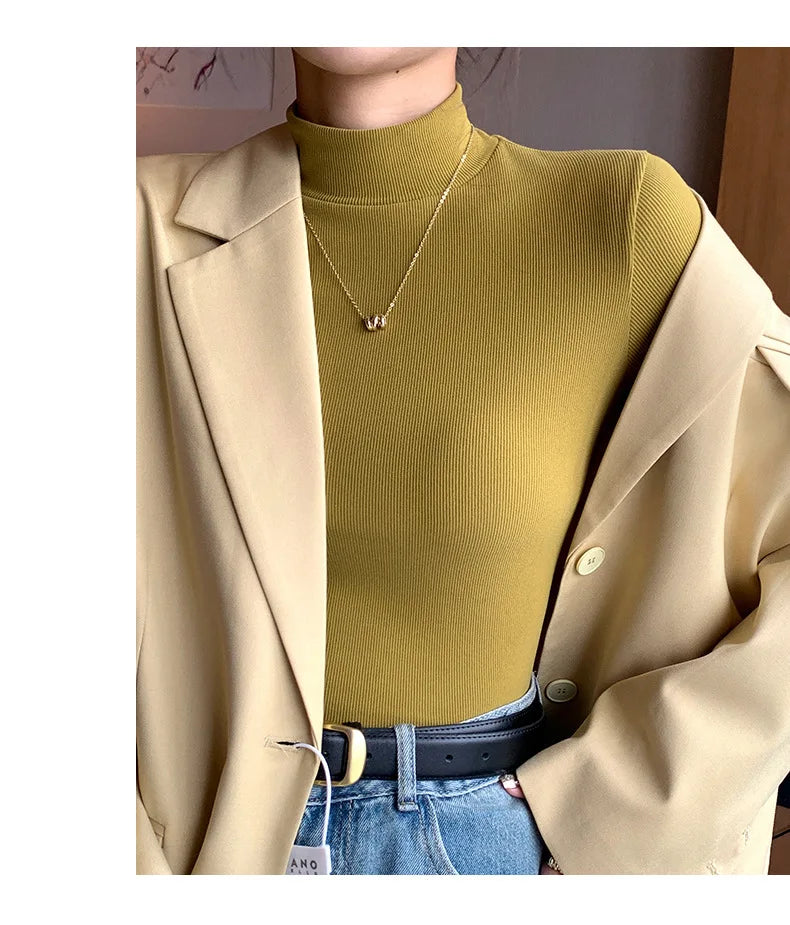 2024 New Knitted Half-turtleneck Pullovers Women Bottom Shirts Sweater Jumper Elegant USA and Canadian Fashion Long-sleeved Tops Knitwear