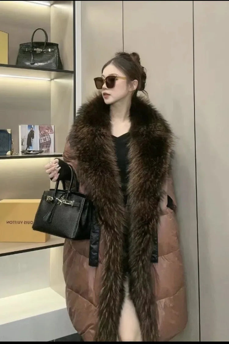 2024 - 2025  New Natural Real Fox Fur Long White Duck Down Jacket Winter Women Warm Loose Coat Thick Outerwear Streetwear
