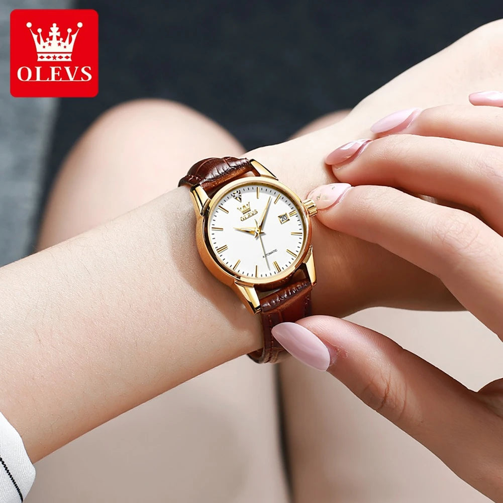 2024 OLEVS 6629 Mechanical Fashion Watch Gift Genuine Leather Watchband Round-dial Calendar Luminous
