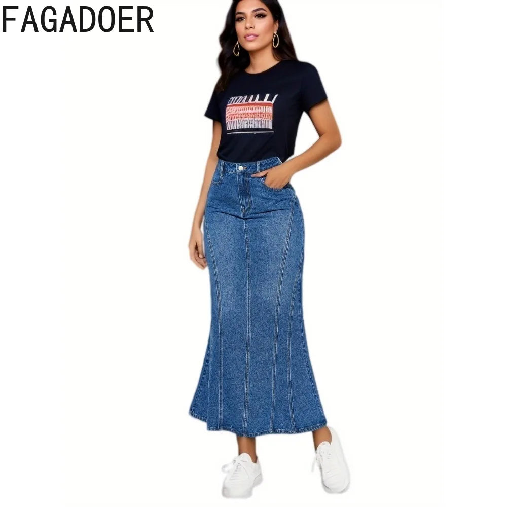 FAGADOER Retro Blue Fashion Skinny  Denim Skirts Women High Waisted Button Pocket Skirts Female Elasticity Cowboy Bottoms