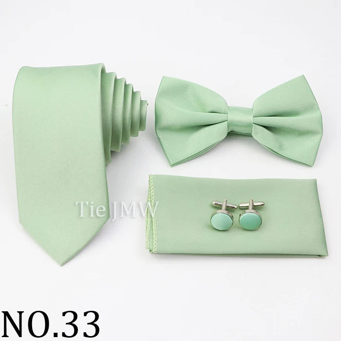 Hot Sale Pink Purple Sage Green Tie Set Polyester Necktie Bowtie Cufflink Brooch For Groom Suit Wedding Cravat Shirt Accessory