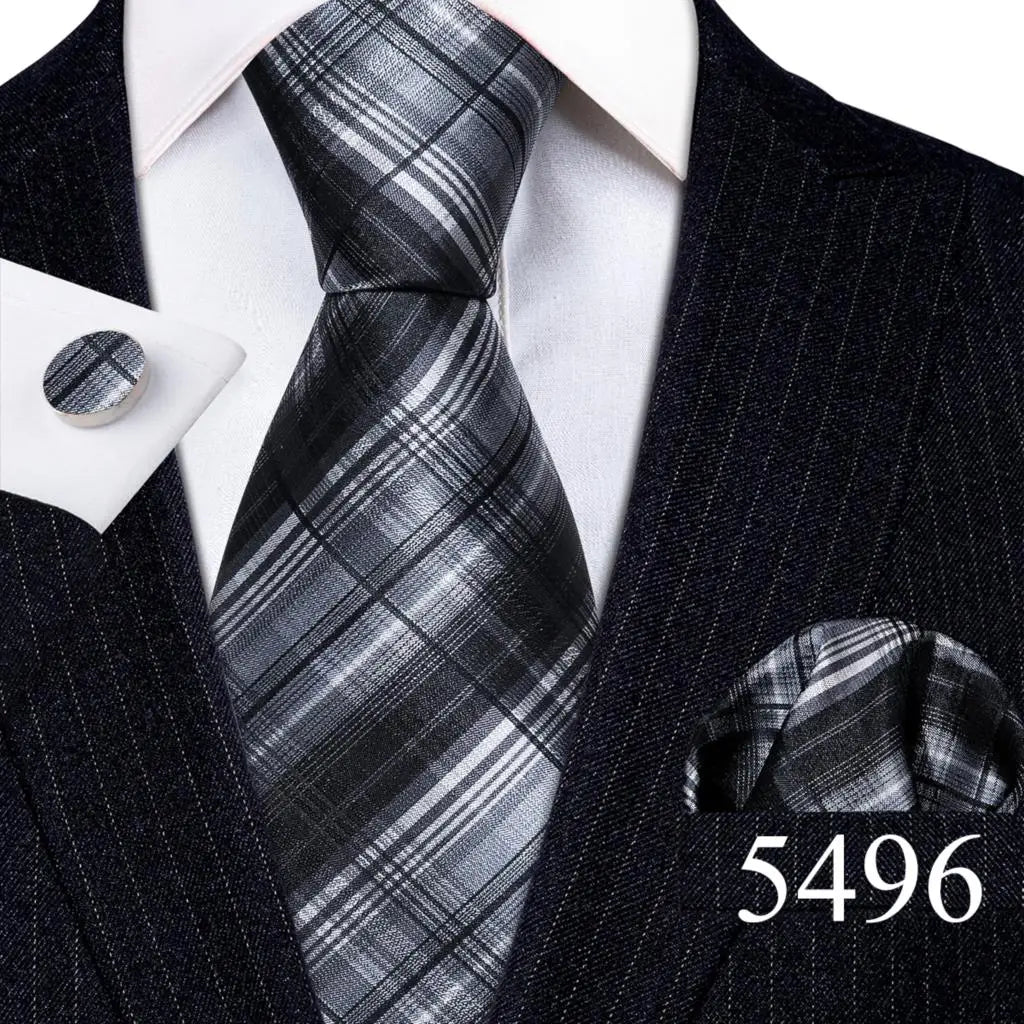 Fashion Mens Ties Set Silk Gray Black Silver White Striped Plaid Solid Paisley Floral Neck Tie Hankderchief Cufflinks Barry·Wang