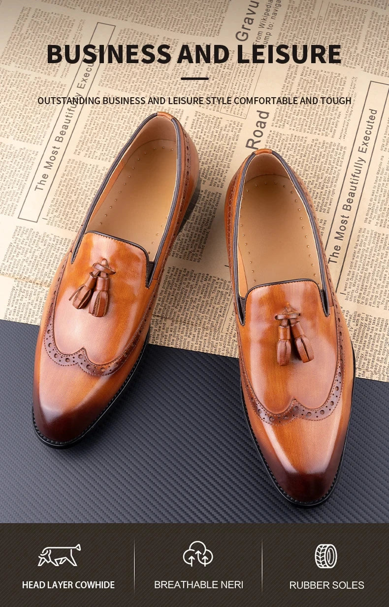 New Style Business Men Loafers Shoes Genuine Cowhide Handmade Sewing Casual Formal Wedding Party Slip on Pointed Dress Shoes Man