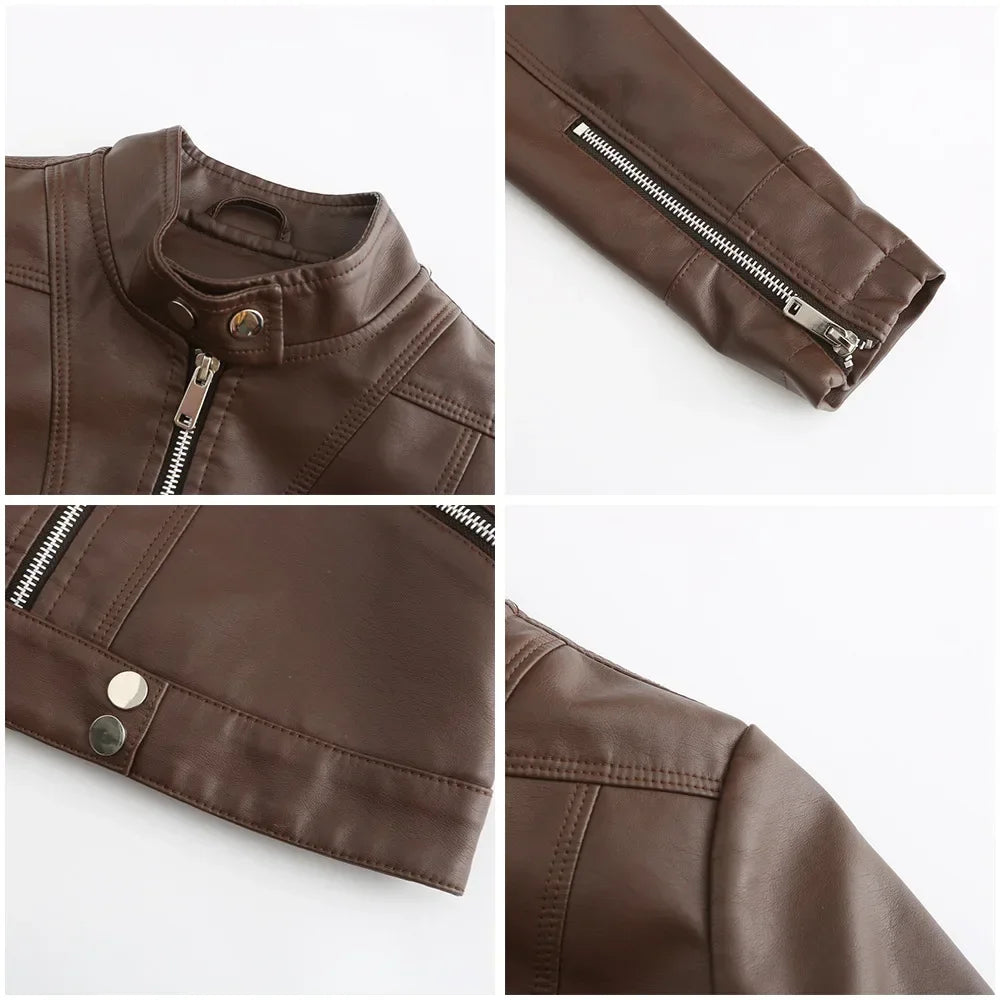 Spring Autumn Stand Collar Ladies Thin Leather Outerwear 2024 New Style Women's Leather Jacket Short Slim Fit